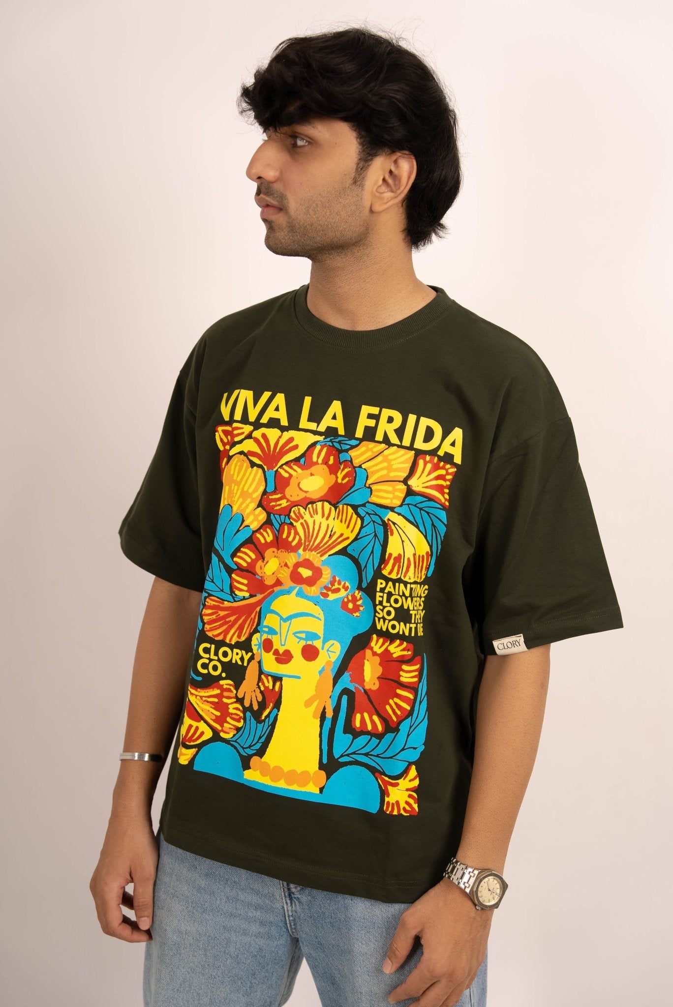 Kahlo’s Foliage - Olive Green Oversized Graphic T Shirt - CLORYco.Oversize T-Shirts