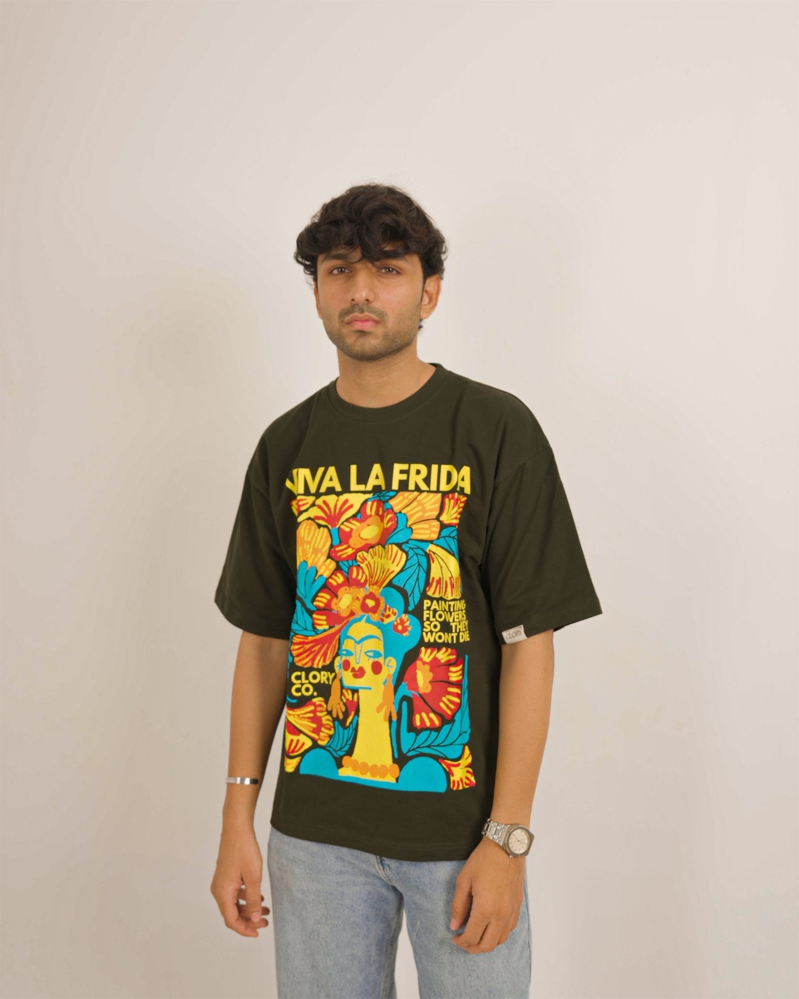 Kahlo’s Foliage - Olive Green Oversized Graphic T Shirt - CLORYco.Oversize T-Shirts