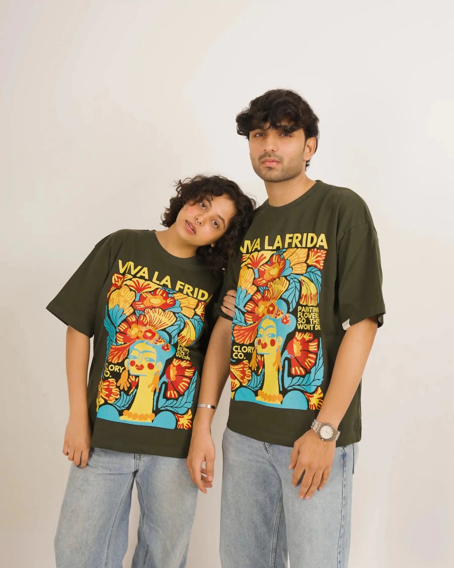 Kahlo’s Foliage - Olive Green Oversized Graphic T Shirt - CLORYco.Oversize T-Shirts