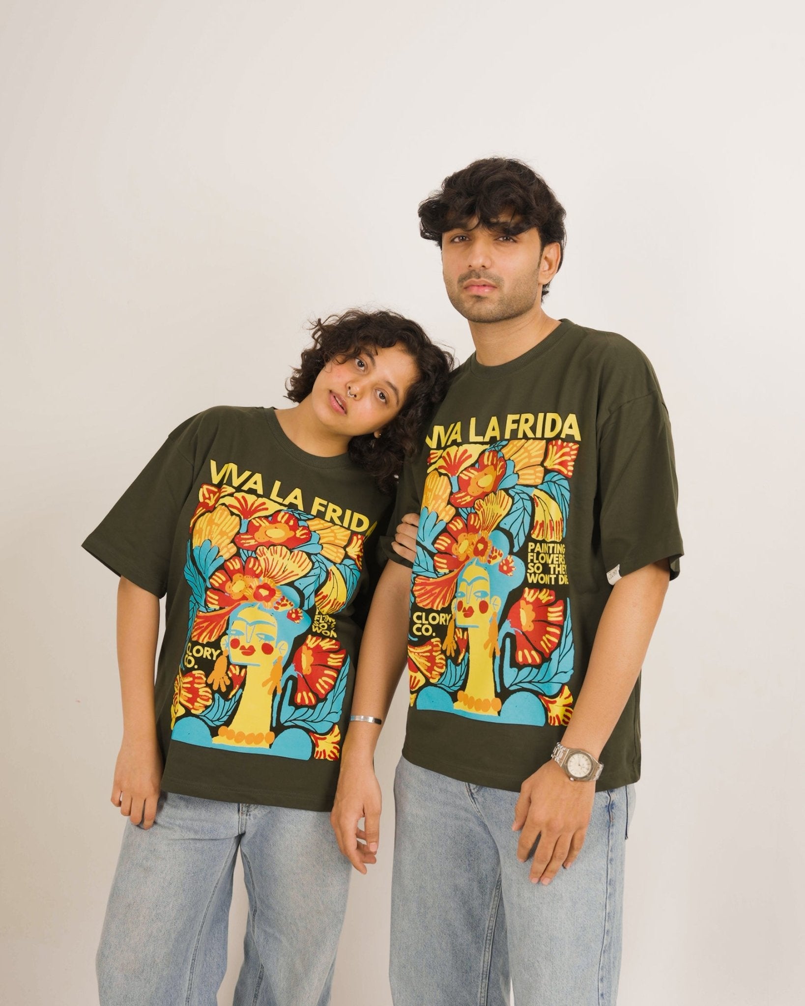 Kahlo’s Foliage - Olive Green Oversized Graphic T Shirt - CLORYco.Oversize T-Shirts